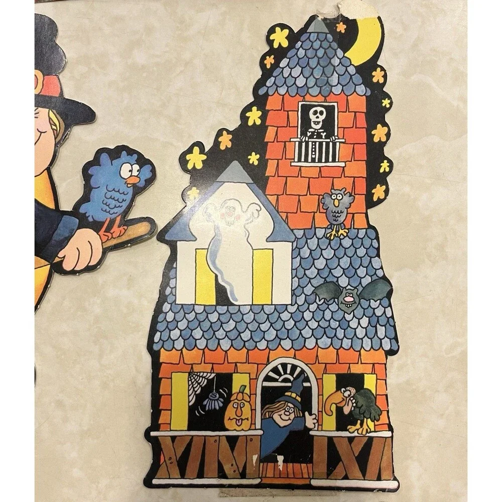 Vtg Beistle Halloween Decorations Die Cut Punch Out Ghosts Cat Jack-o-lantern